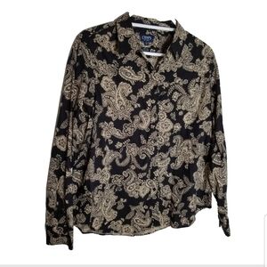 Chaps Top Women's XL Button Up Blouse Black Beige Paisley Cotton No Iron